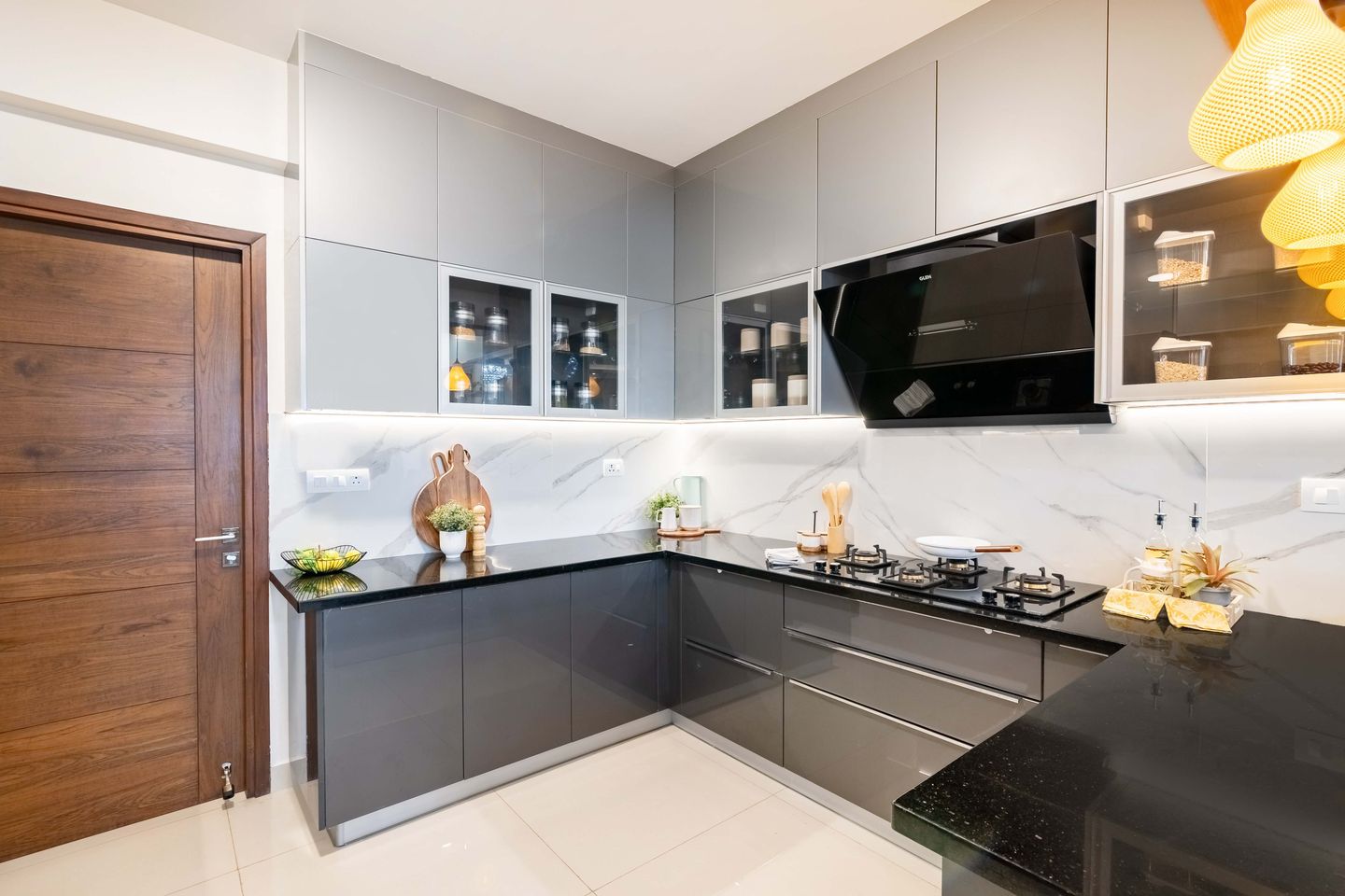 Contemporary U-Shaped Kitchen Design with Dove Grey and Dazzling Silver Cabinets