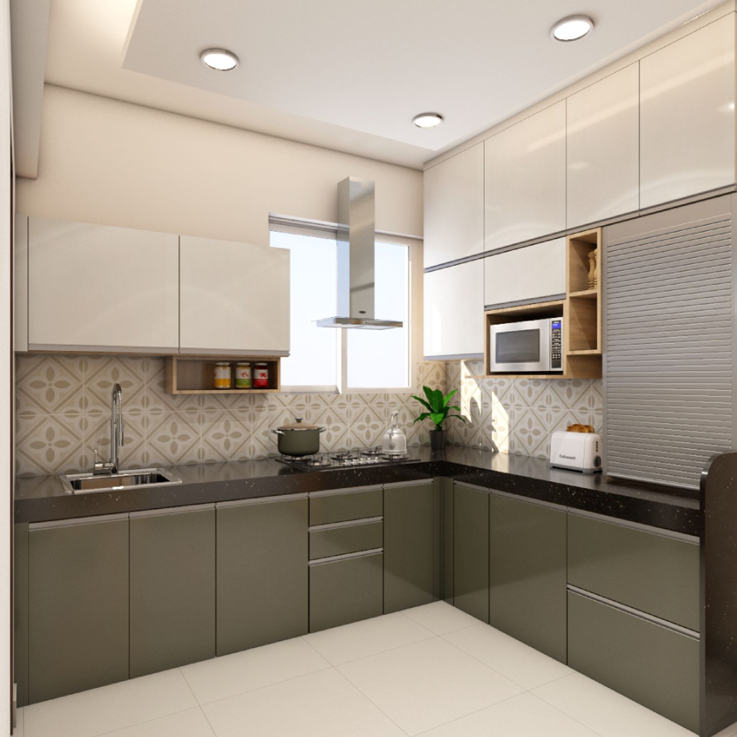 Green And White L Shape Kitchen Design - Livspace