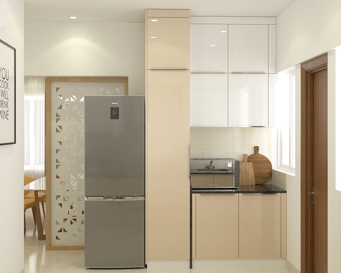 Contemporary Modular Beige And Frosty White Parallel Kitchen Design