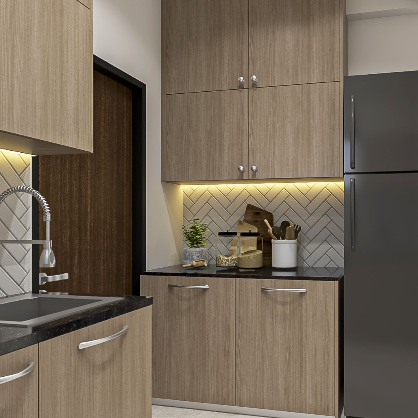 Modern L-Shape Modular Kitchen Design With Persian Vertical Walnut Cabinets