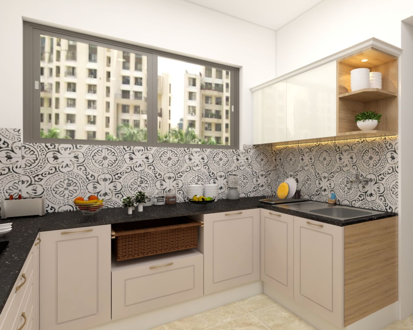 Modern Modular Beige And White U Shaped Kitchen Design
