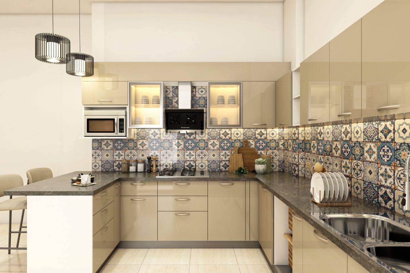 Modern Royal Pearl White Modular Open Kitchen Design With Moroccan Dado Tiles