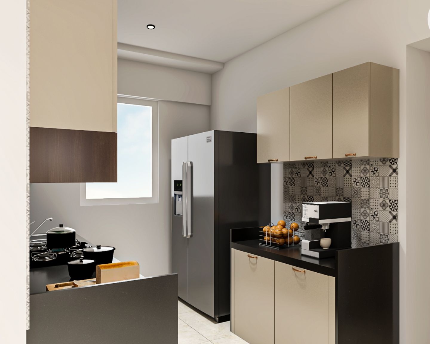 Modern Modular Parallel Kitchen Design With Black And White Dado Tiles