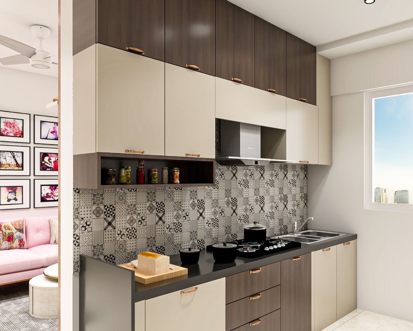 Modular Parallel Kitchen Design With Black And White Dado Tiles - Livspace