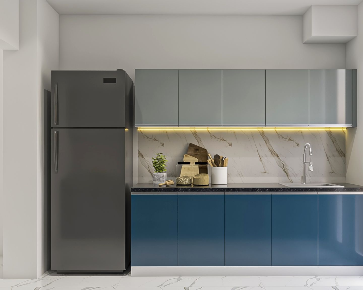 Modern Modular Parallel Kitchen Design With Shore Blue And Pearl-Toned Cabinets