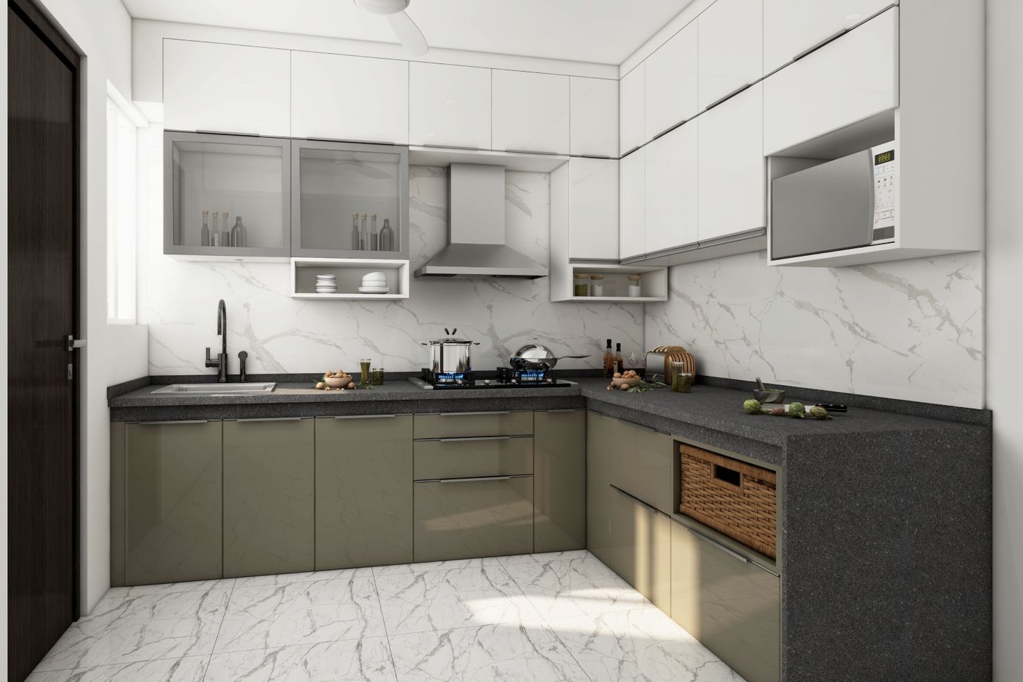 Modular Indian Kitchen Design With Autumn Leaf Green And Frosty White ...