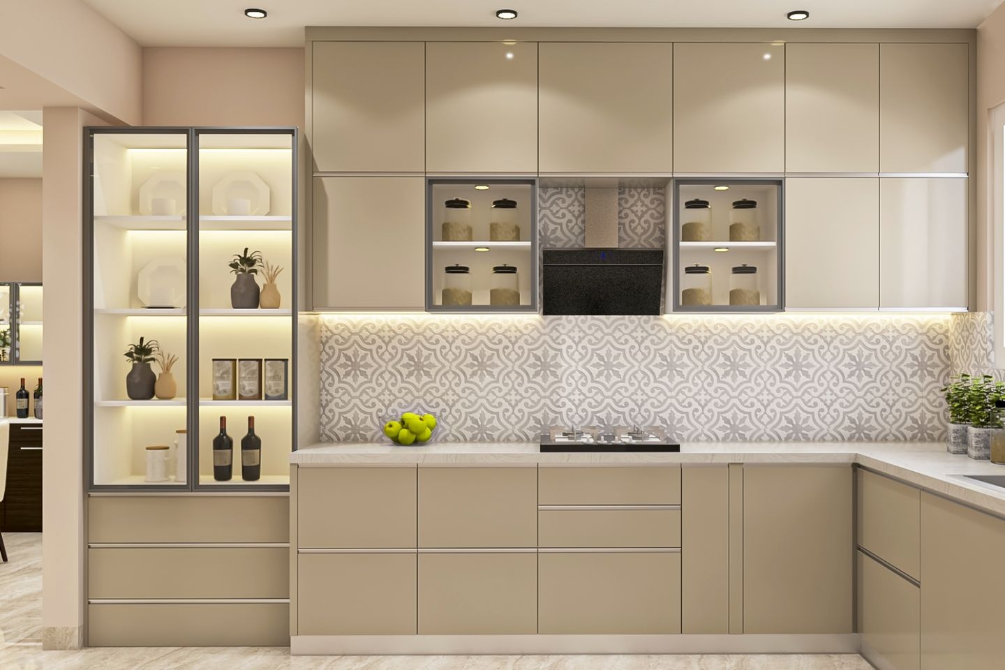 Modern Modular L Shape Kitchen Design In Pumic Grey Tones - Livspace