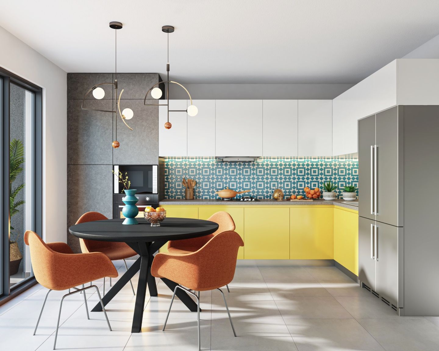Modular L Shape Kitchen Design With Marigold Yellow And White Cabinets ...