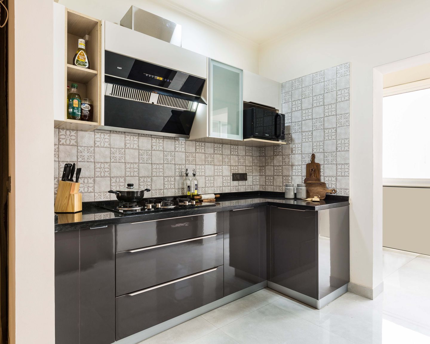 10x7 Ft Modern Parallel Grey Kitchen Design - Livspace  10x7 Ft Parallel Kitchen Design With Moroccan Dado Tiles - Livspace