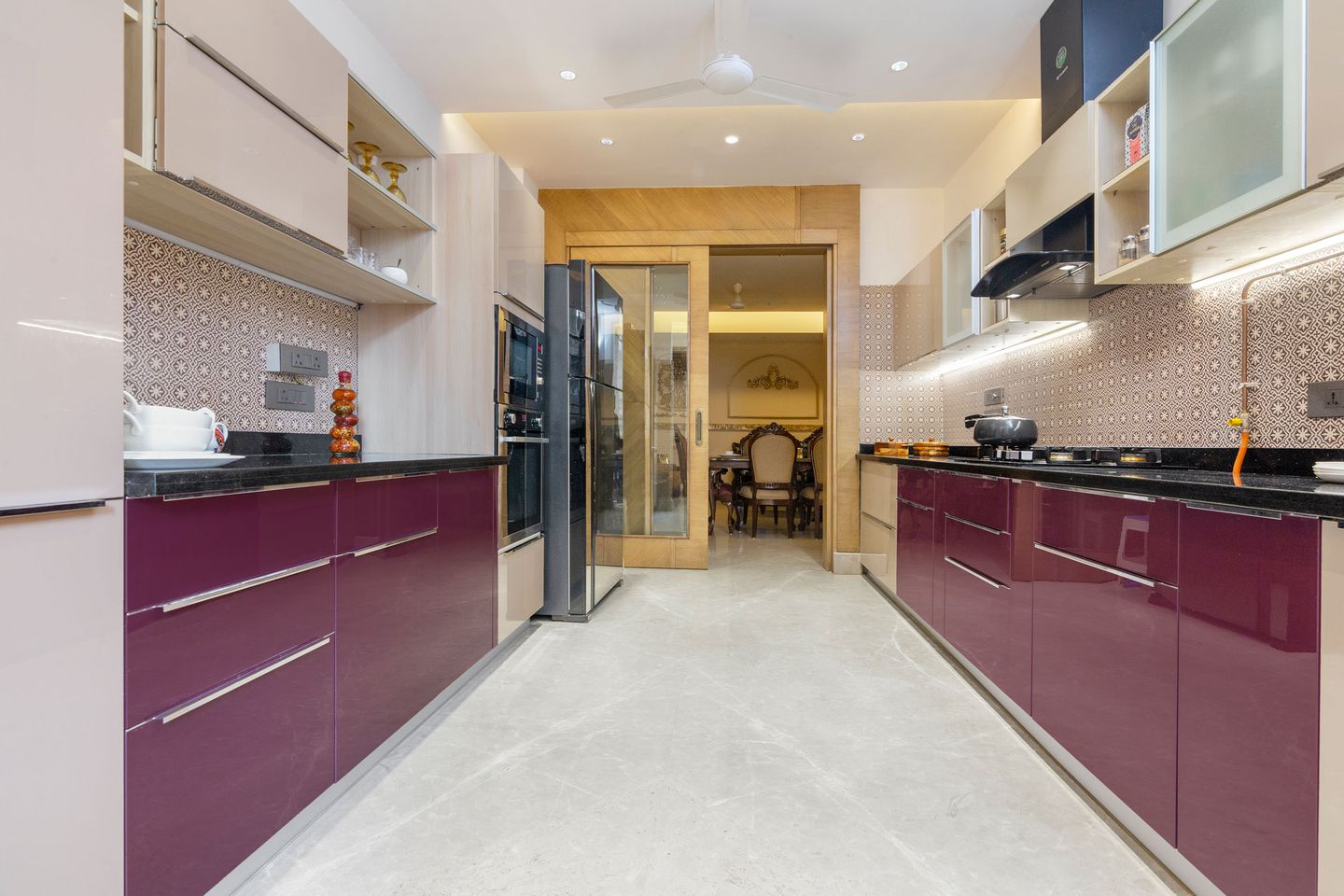 14x9 Ft Aubergine and Light Beige Parallel Kitchen with Granite Countertop - Livspace