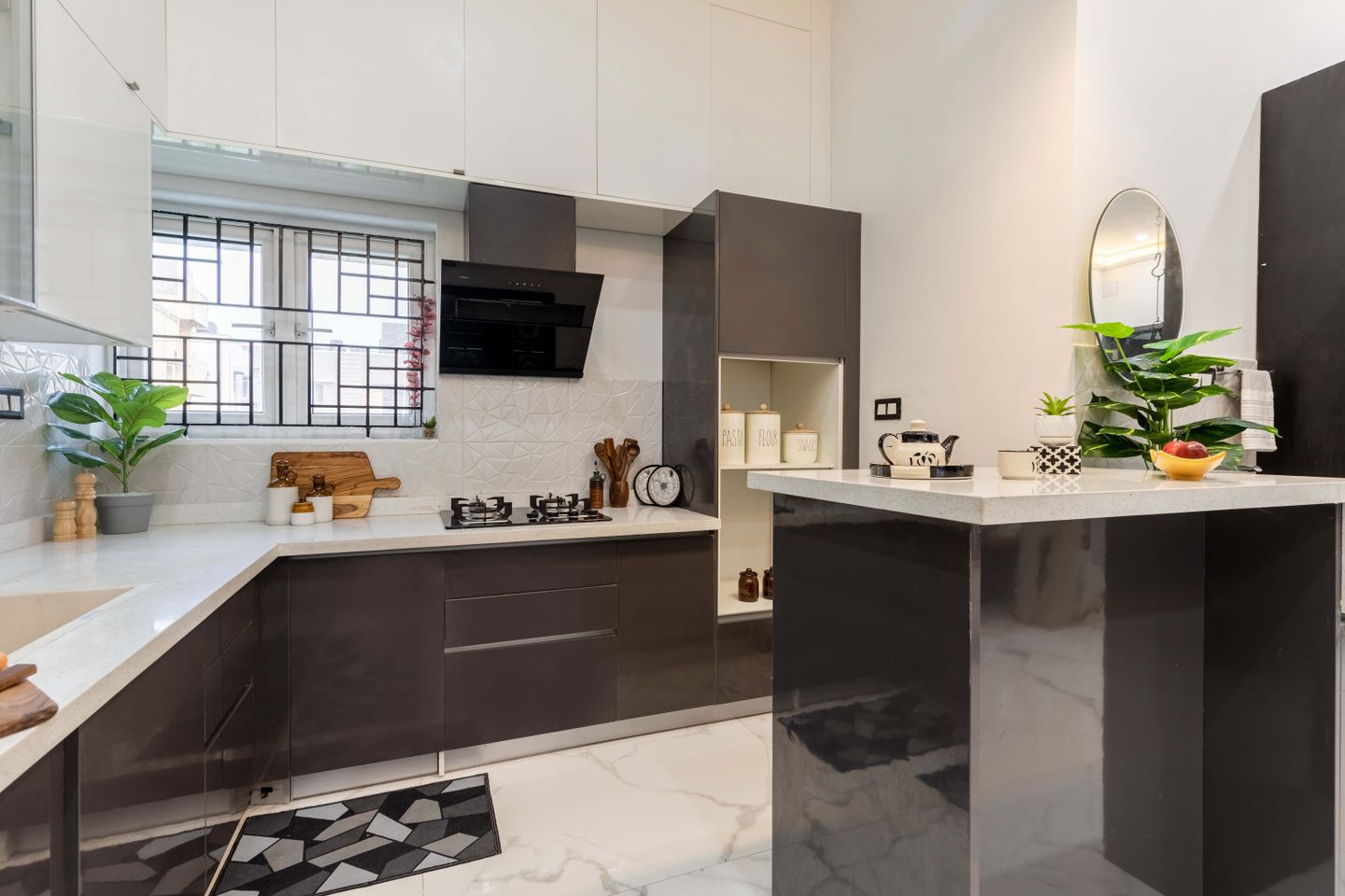 10x10 Ft Dark Grey and Frosty White L-Shape Modular Kitchen with Quartz Countertop - Livspace