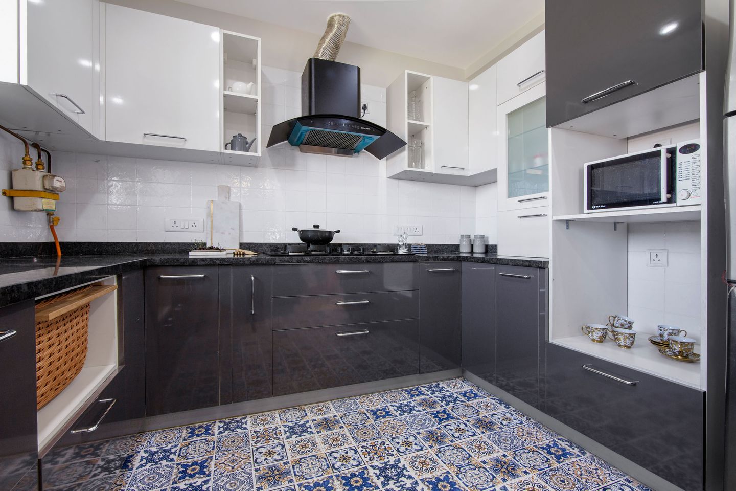 Contemporary U-Shaped Modular Kitchen Design with Slate Grey Base and Tall Units