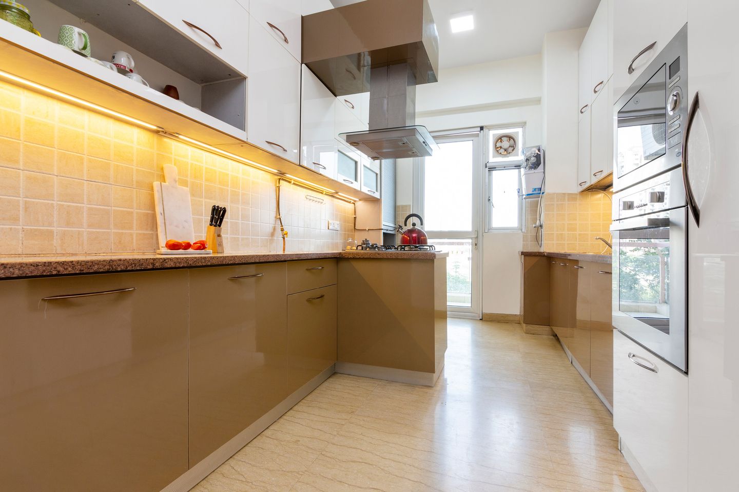 12x9 Ft Tan Base and Frosty White Parallel Modular Kitchen - Livspace