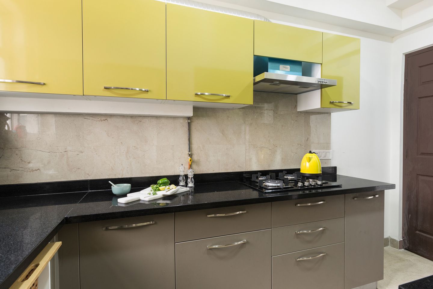 12x7 Ft Dove Grey Base and Marrigold Yellow Parallel Modular Kitchen - Livspace