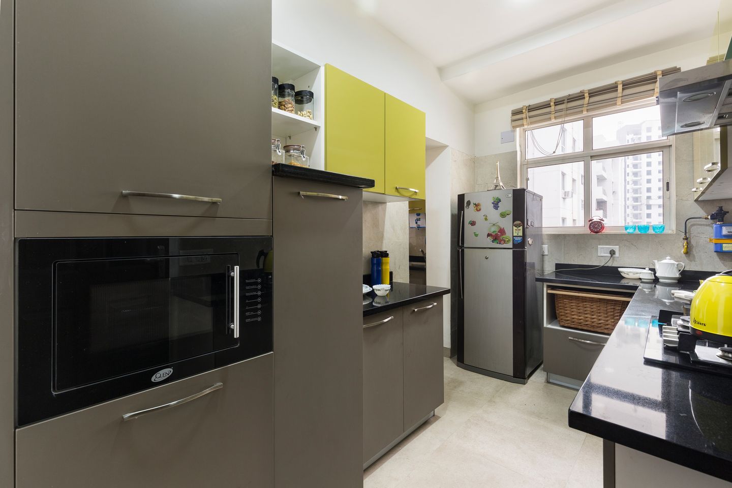 Modern Parallel Modular Kitchen Design With Dove Grey Base and Marigold Yellow Cabinets