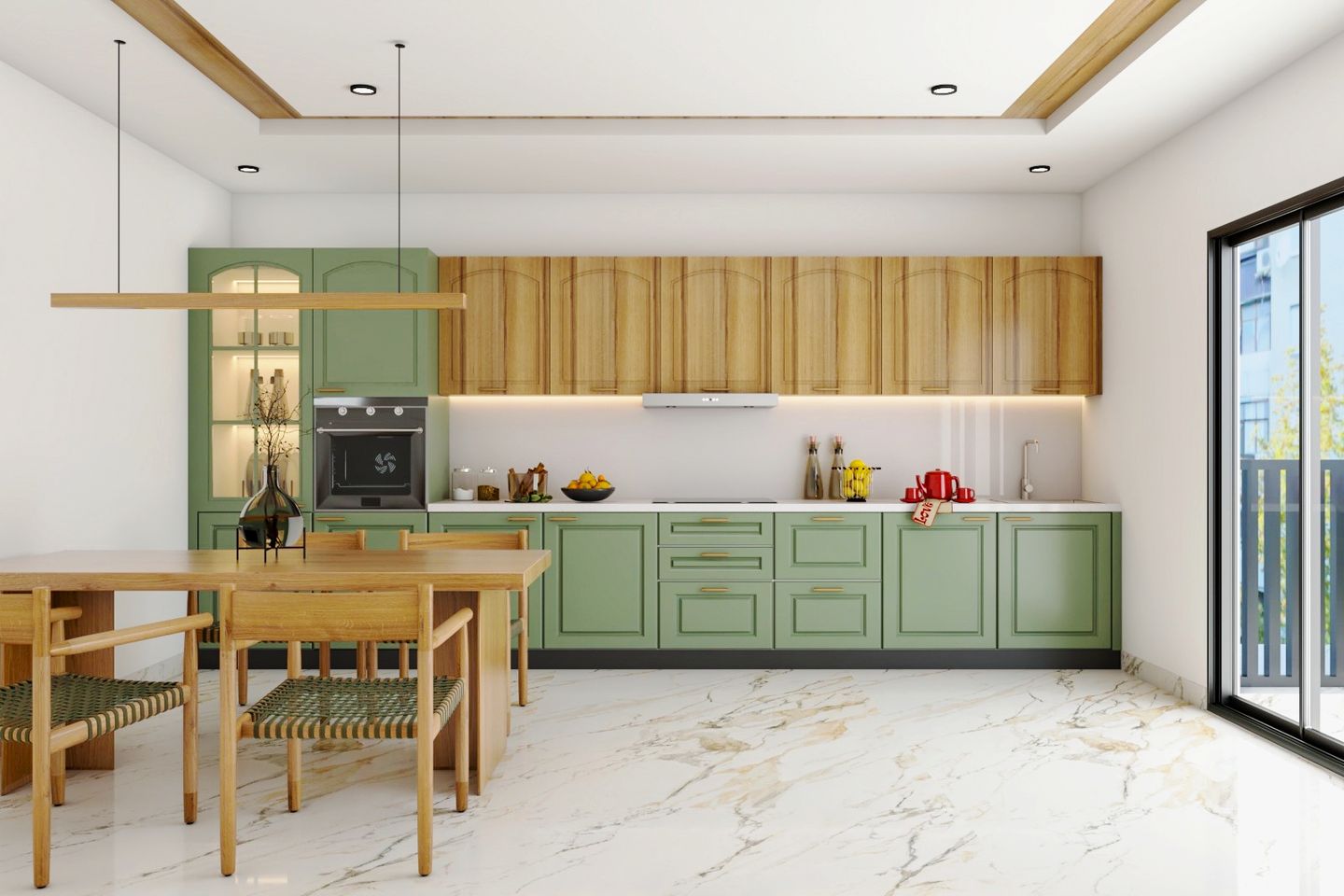16x11 Ft Green And White Straight Modular Kitchen Design With Lacquered Backsplash - Livspace