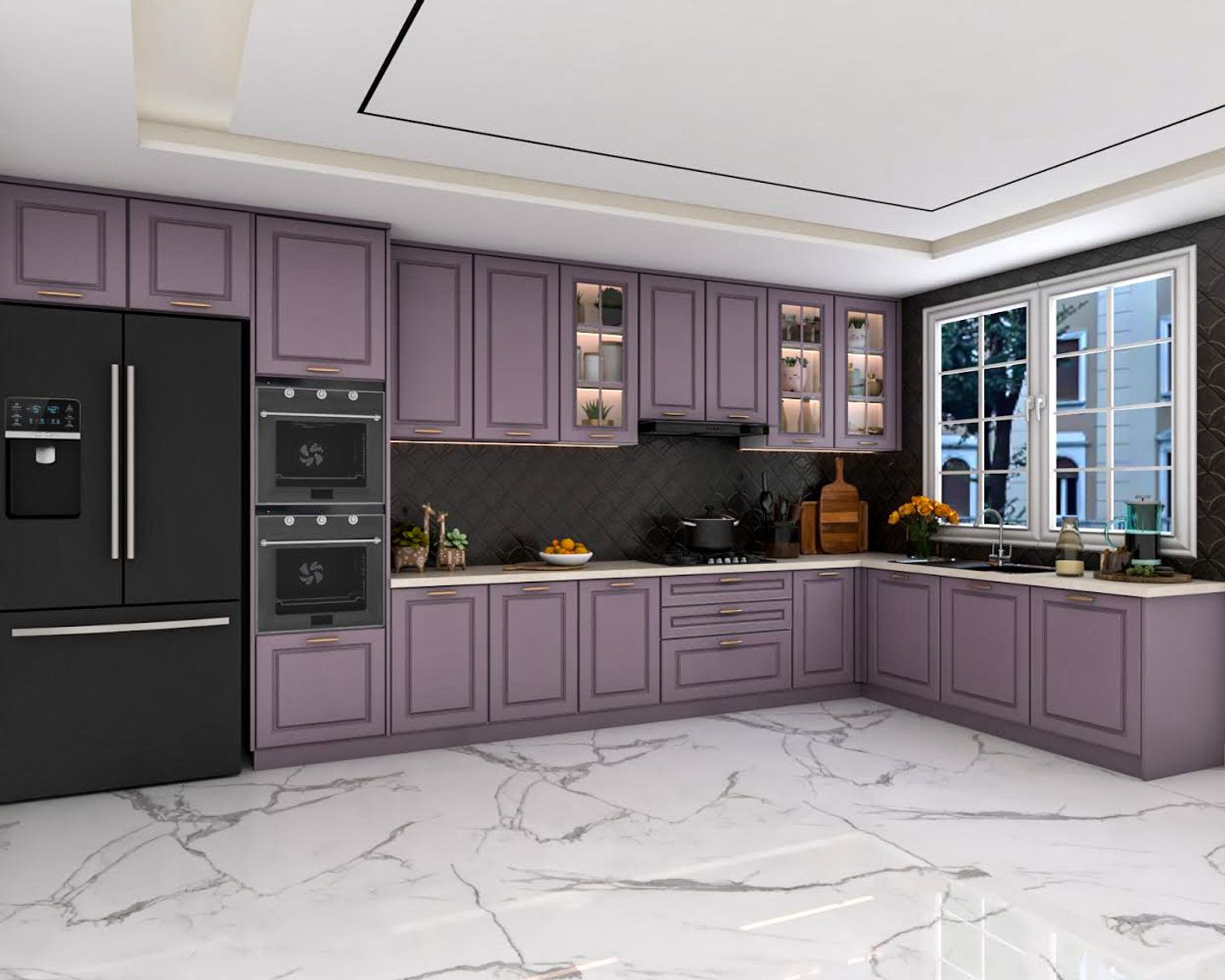 15x12 Ft  L-Shaped Modular Kitchen Design With Purple Lilla Fiore Cabinets And Black Dado Tiles - Livspace