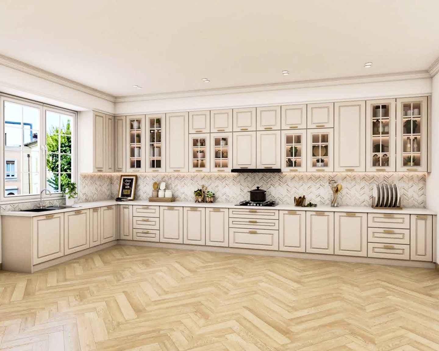 20x16 Ft  L-Shaped Modular Kitchen Design With Montone Cabinets And Herringbone Backsplash - Livspace