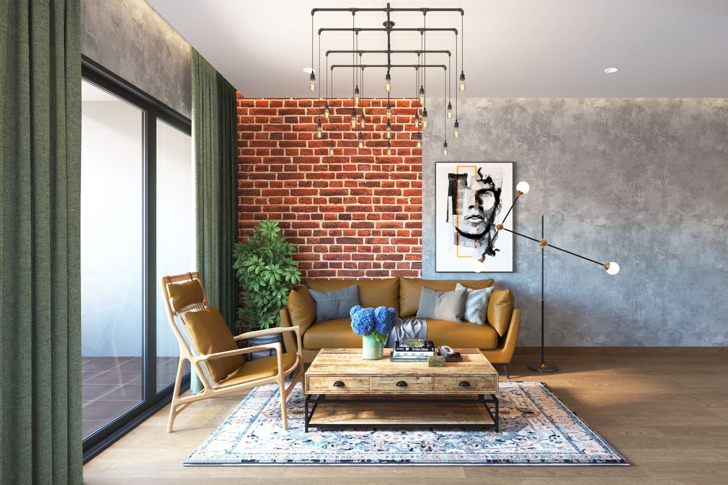 Contemporary Living Room Design With Red Brick Wall - Livspace