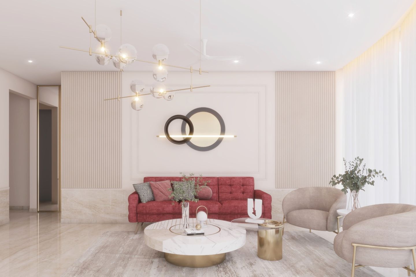 Beige And Red Living Room Design With Fluted Panelling For Accent Wall