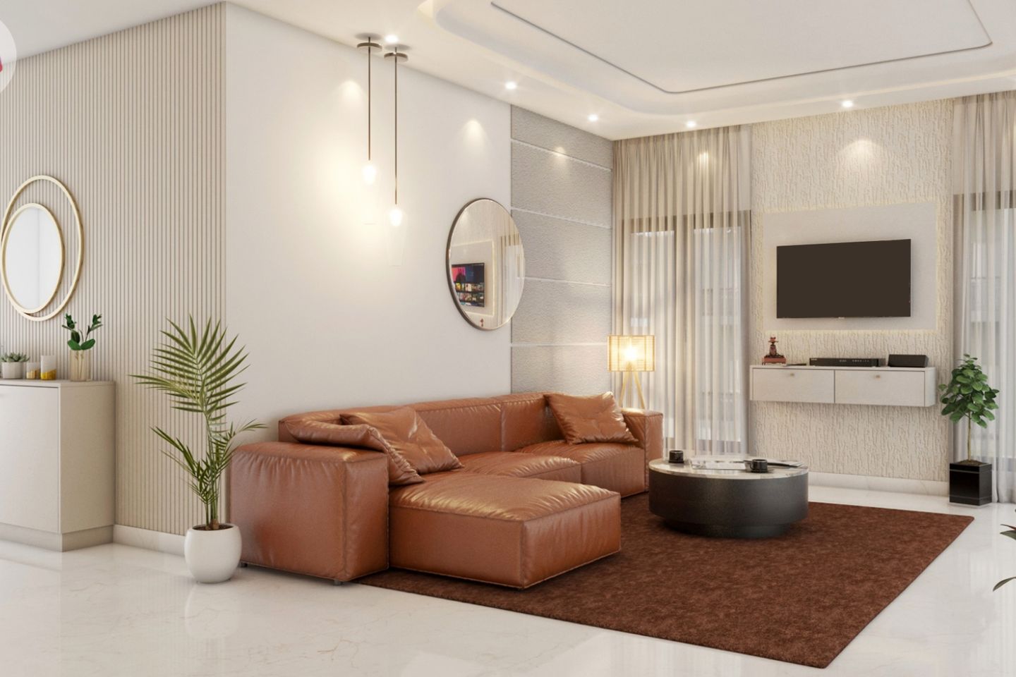 14x13 Ft  Living Room Design With L-Shaped Faux Leather Brown Sofa And Textured Walls - Livspace