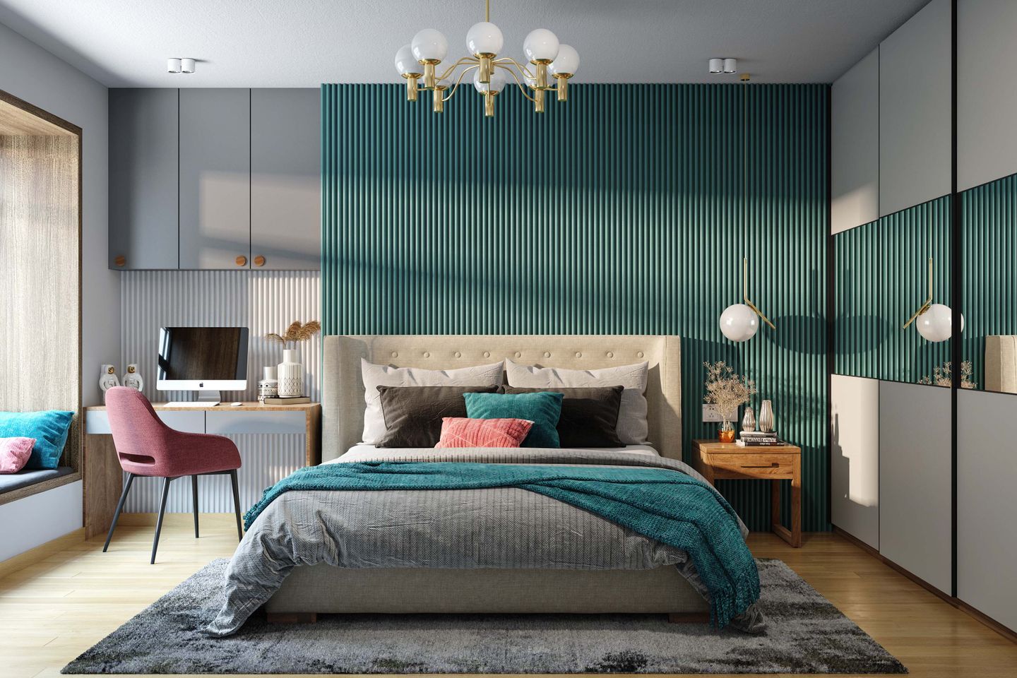 15x13 Ft  Master Bedroom Design With Teal Fluted Panelled Accent Wall - Livspace