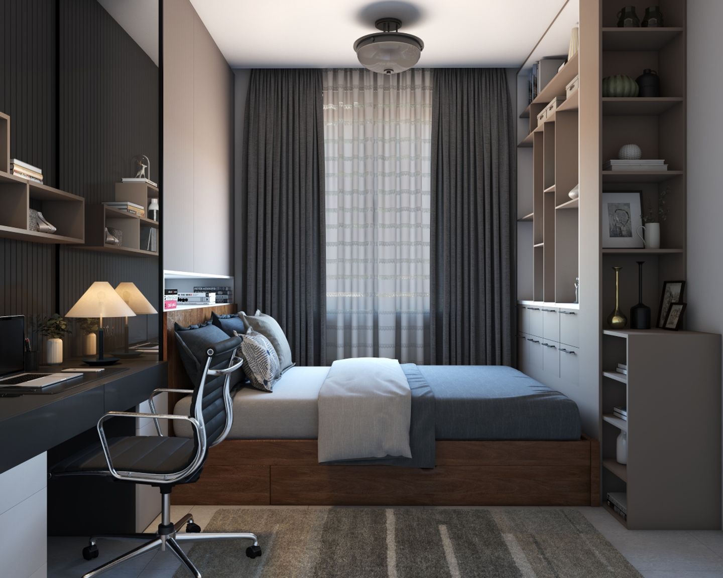 Modern Master Bedroom Design With Tall Beige Storage Unit - Livspace