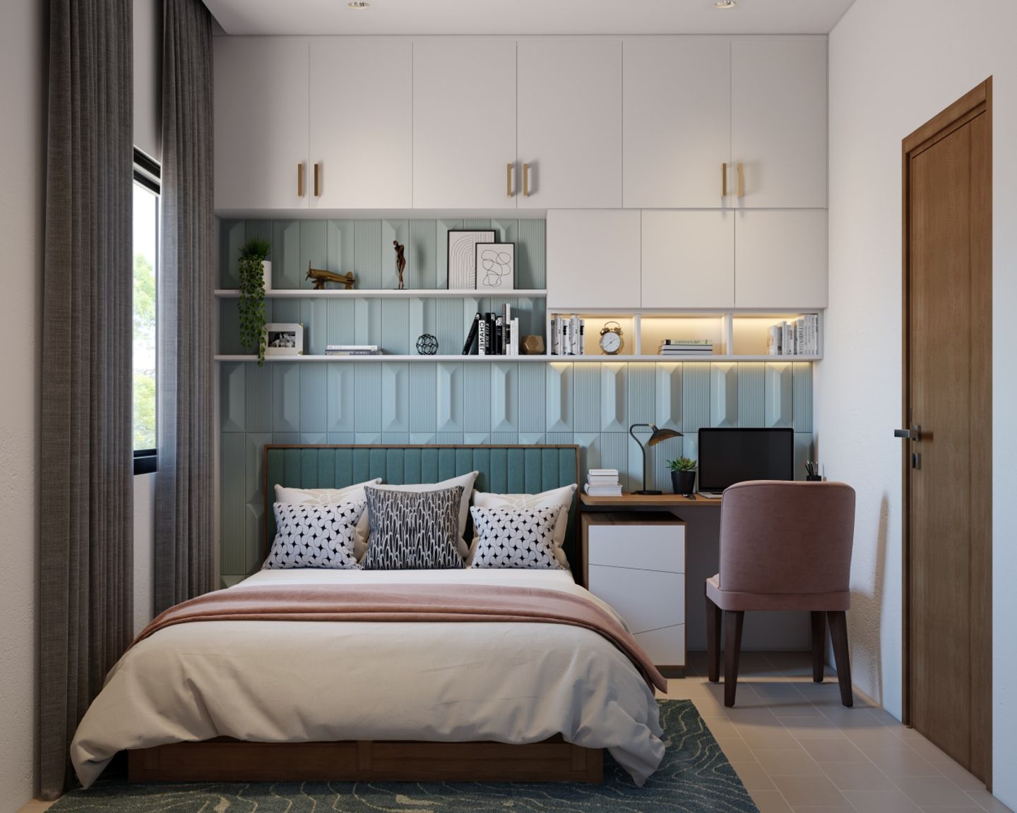 Contemporary Master Bedroom Design With Teal Tufted Headboard And Overhead Storage - Livspace
