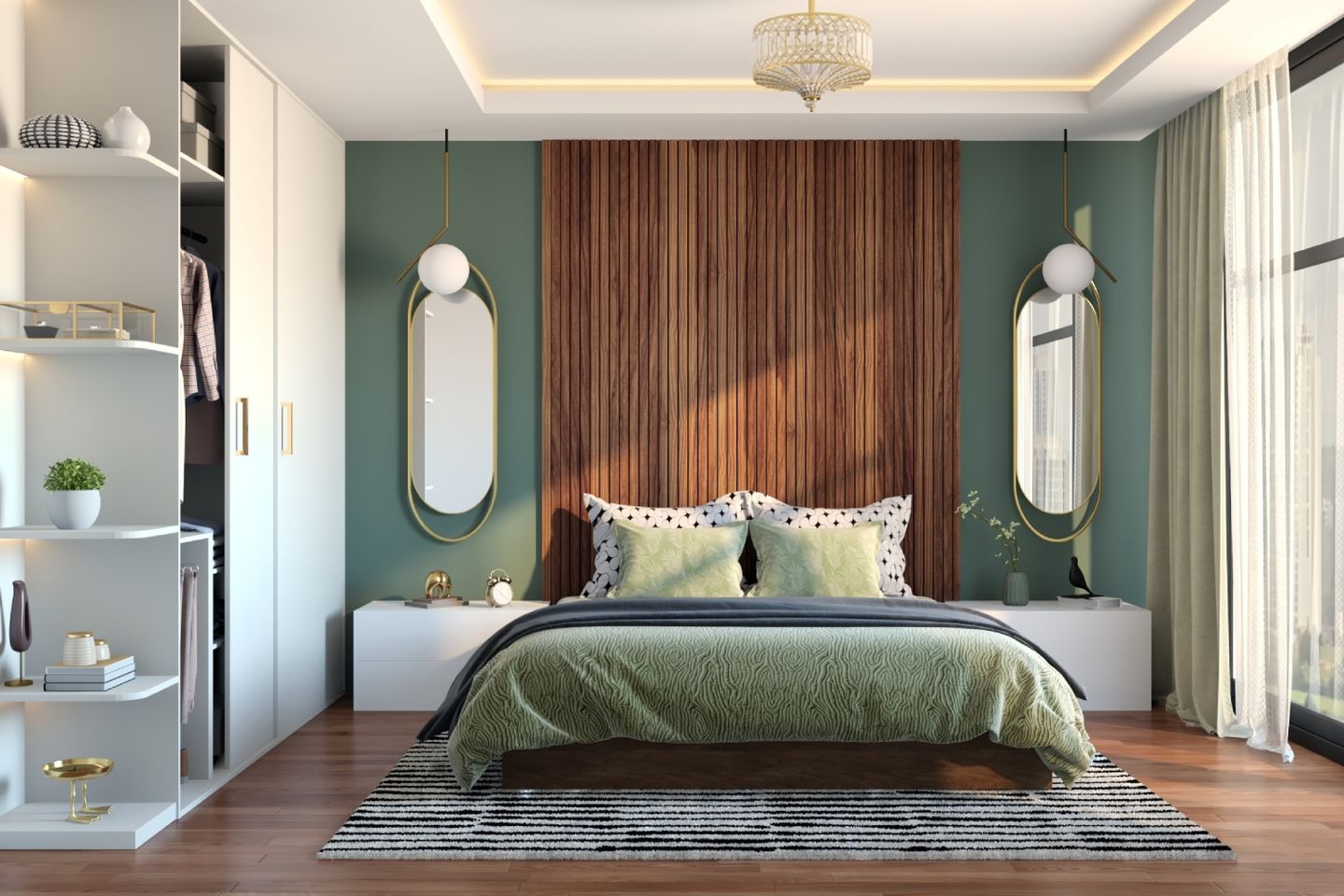 Contemporary Master Bedroom Design With Dark Green Accent Wall And Wooden Fluted Panels - Livspace