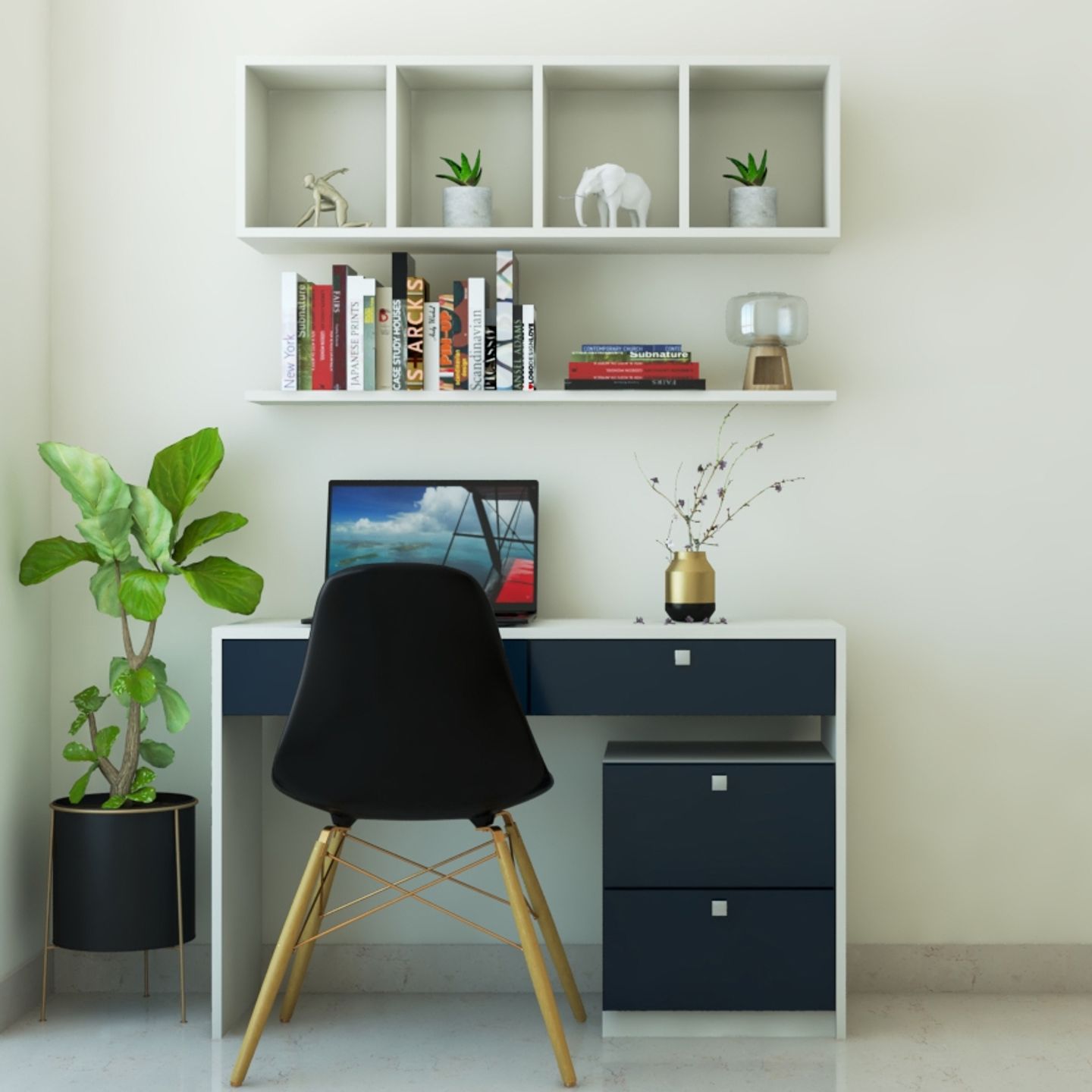 Contemporary White And Blue Study Room Design With Wall-Mounted Open ...