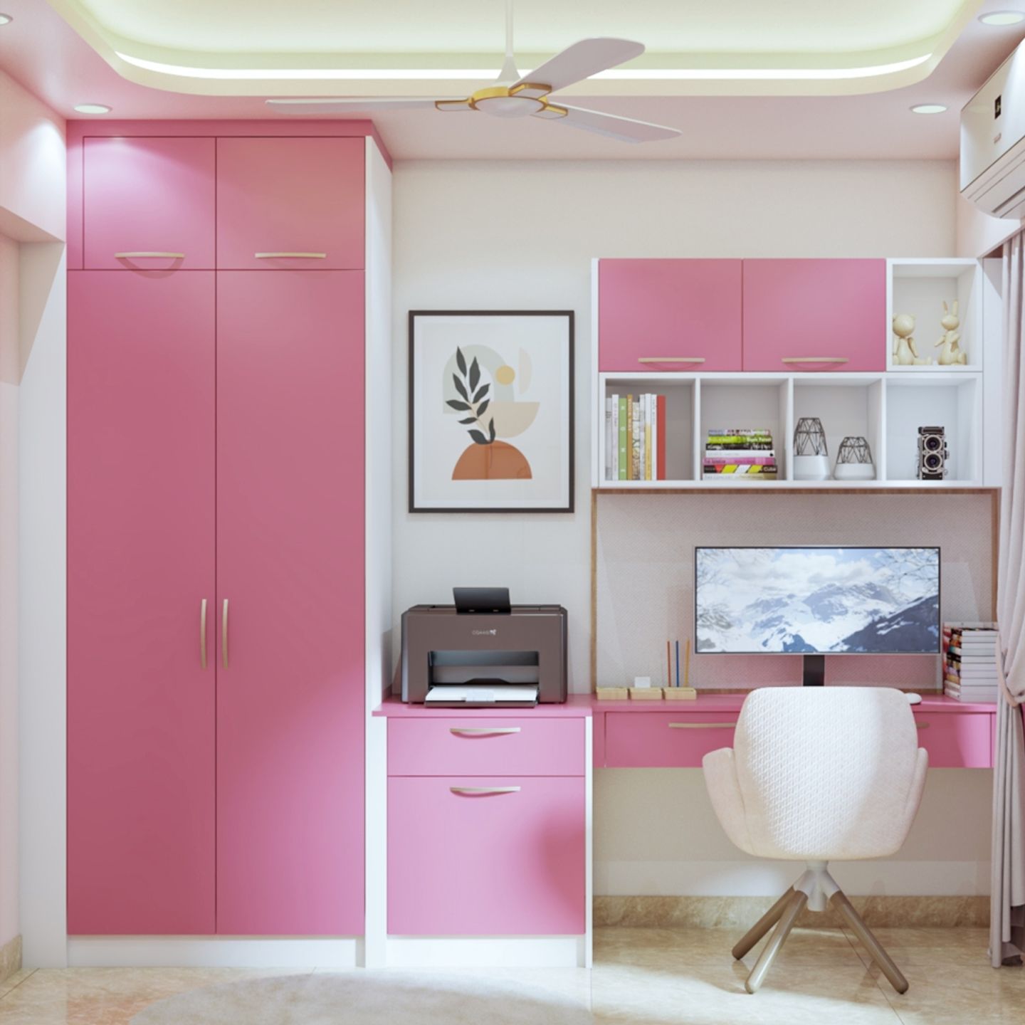 Modern Persian Pink Study Room Design With White Accent Chair | Livspace