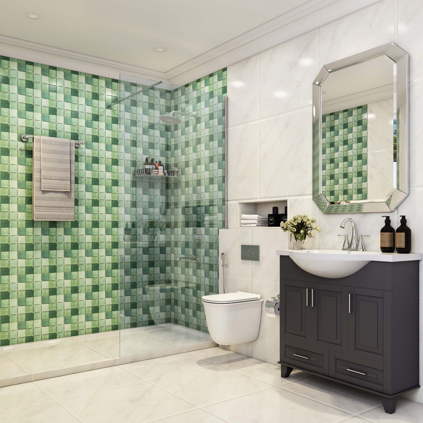 Glossy Ceramic Green Square Bathroom Tile Design 300x300 mm Livspace
