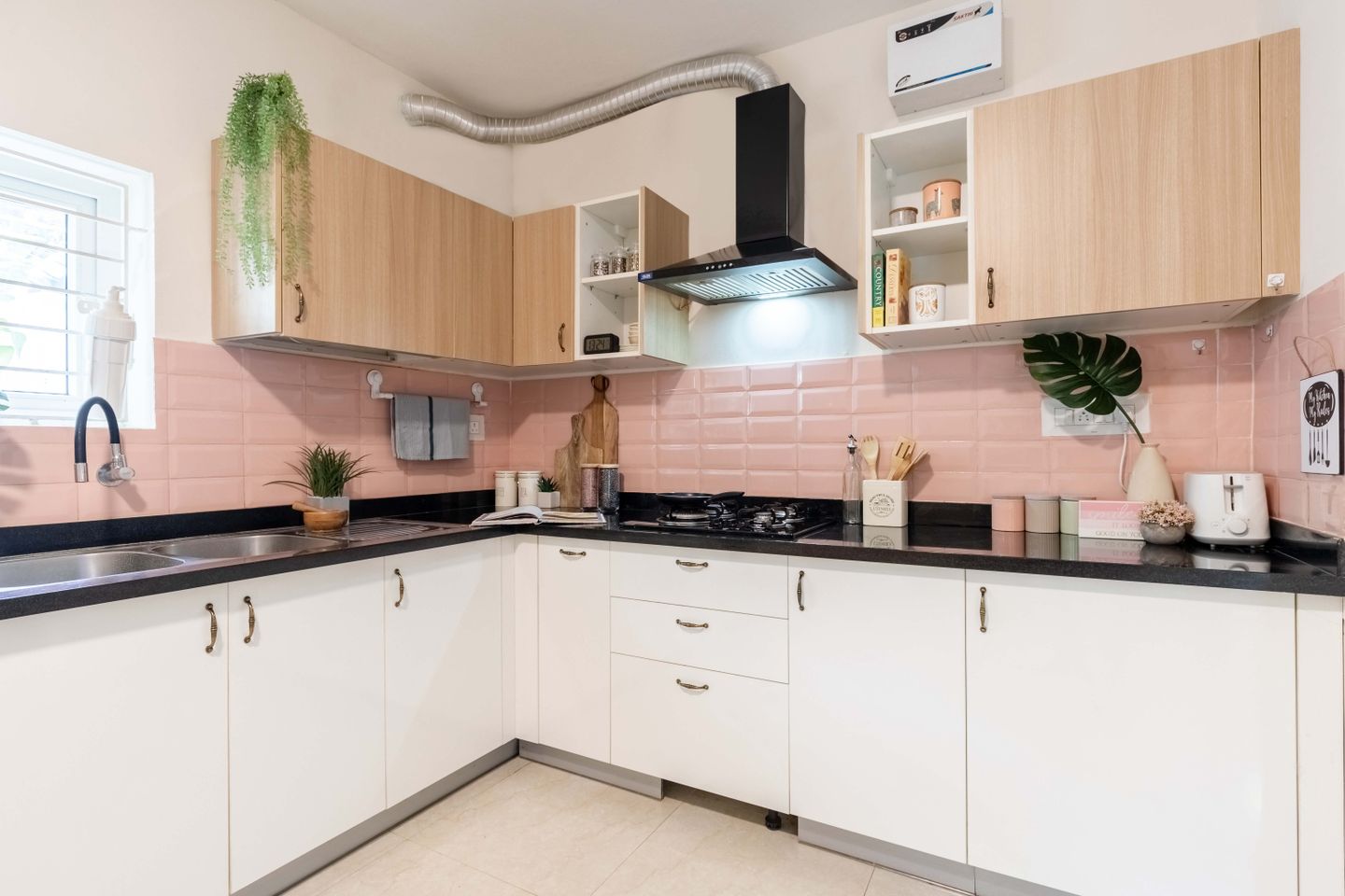 Ceramic Pink Subway Kitchen Tile Design | Livspace