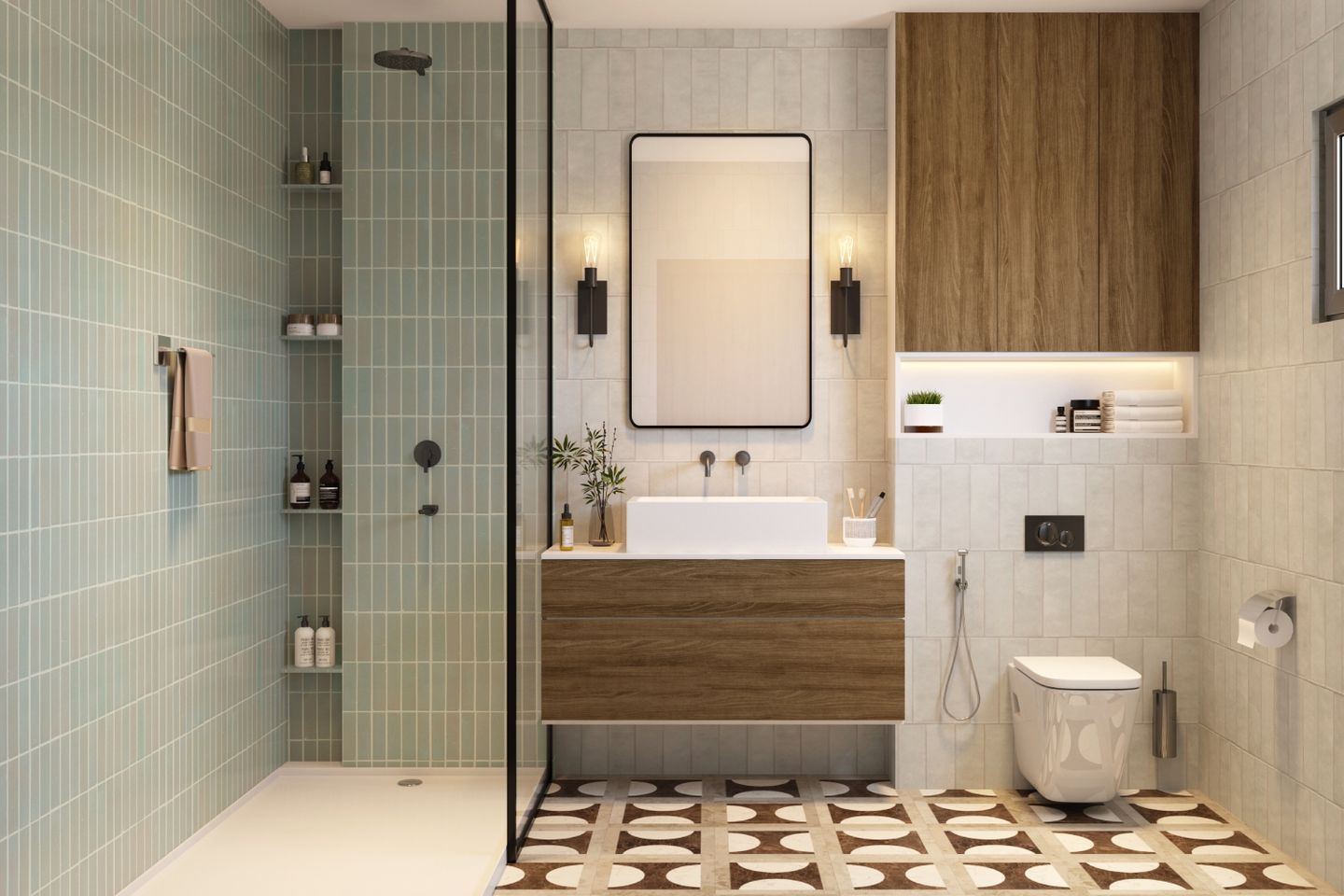 Matte Finish Bathroom Tile Design In Light Blue And Grey 50x150 mm