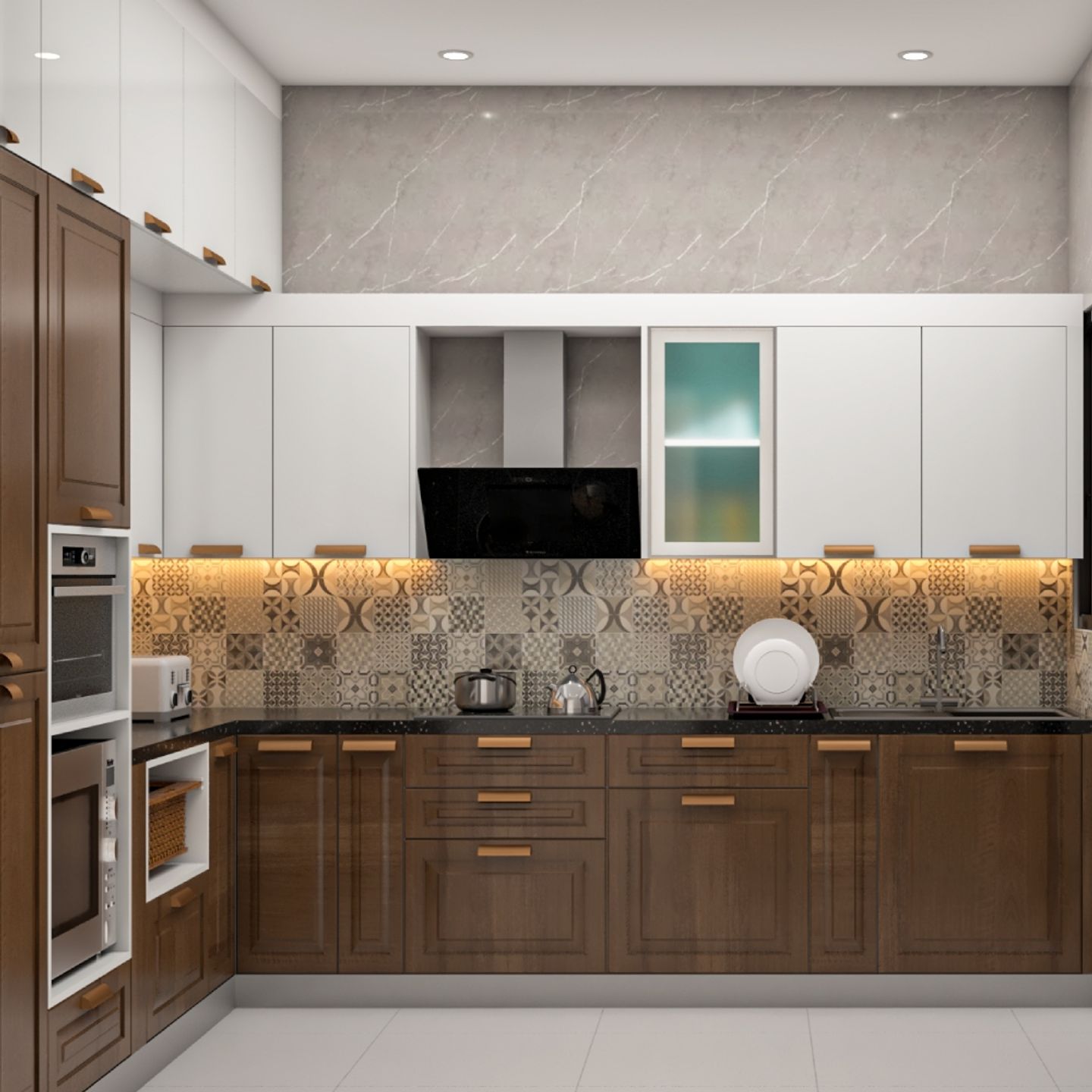 150x150 mm Matte Finish Brown And Cream L Shape Kitchen Tile Design - Livspace