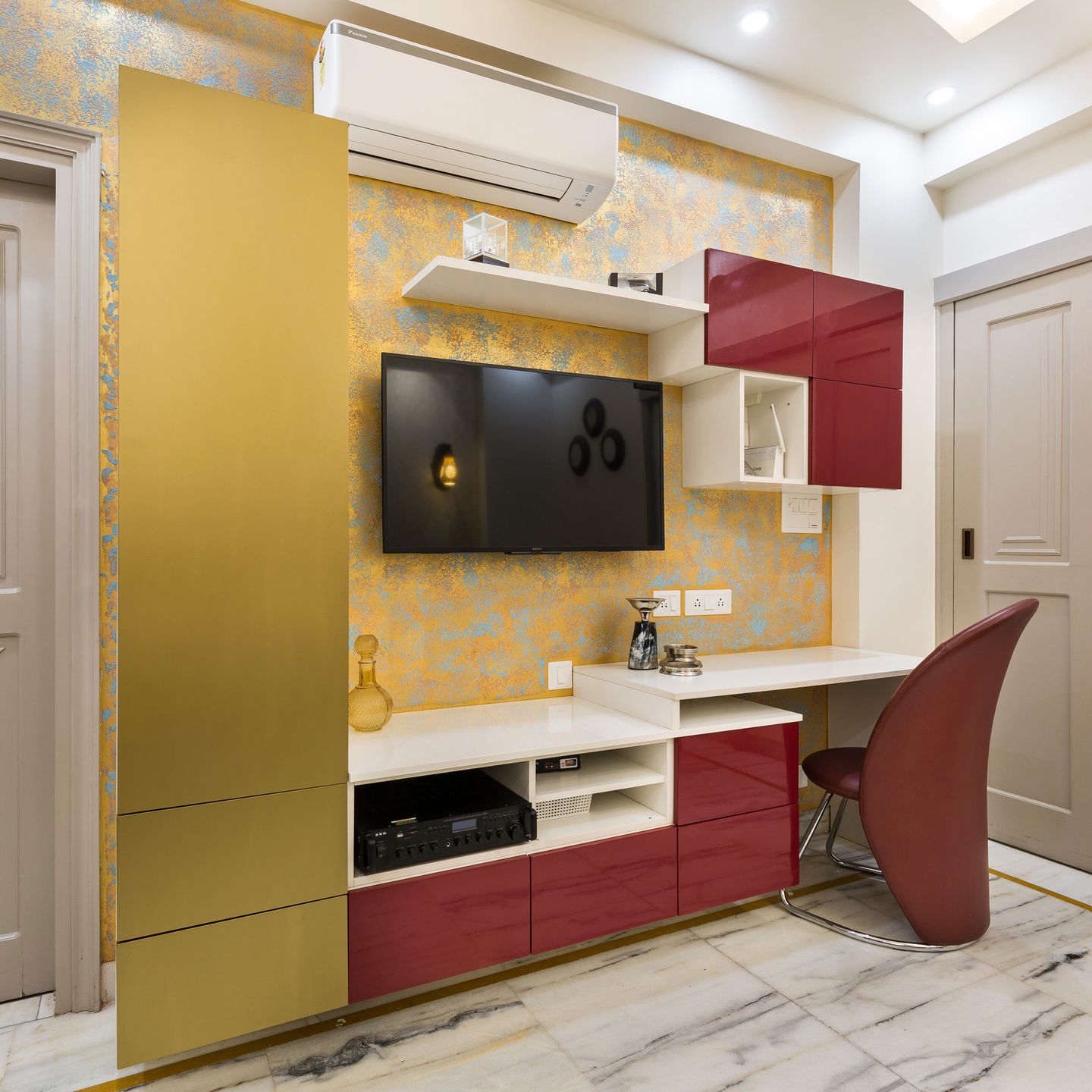 Nomadic Gold And Red TV Unit Design With Overhead Unit - Livspace