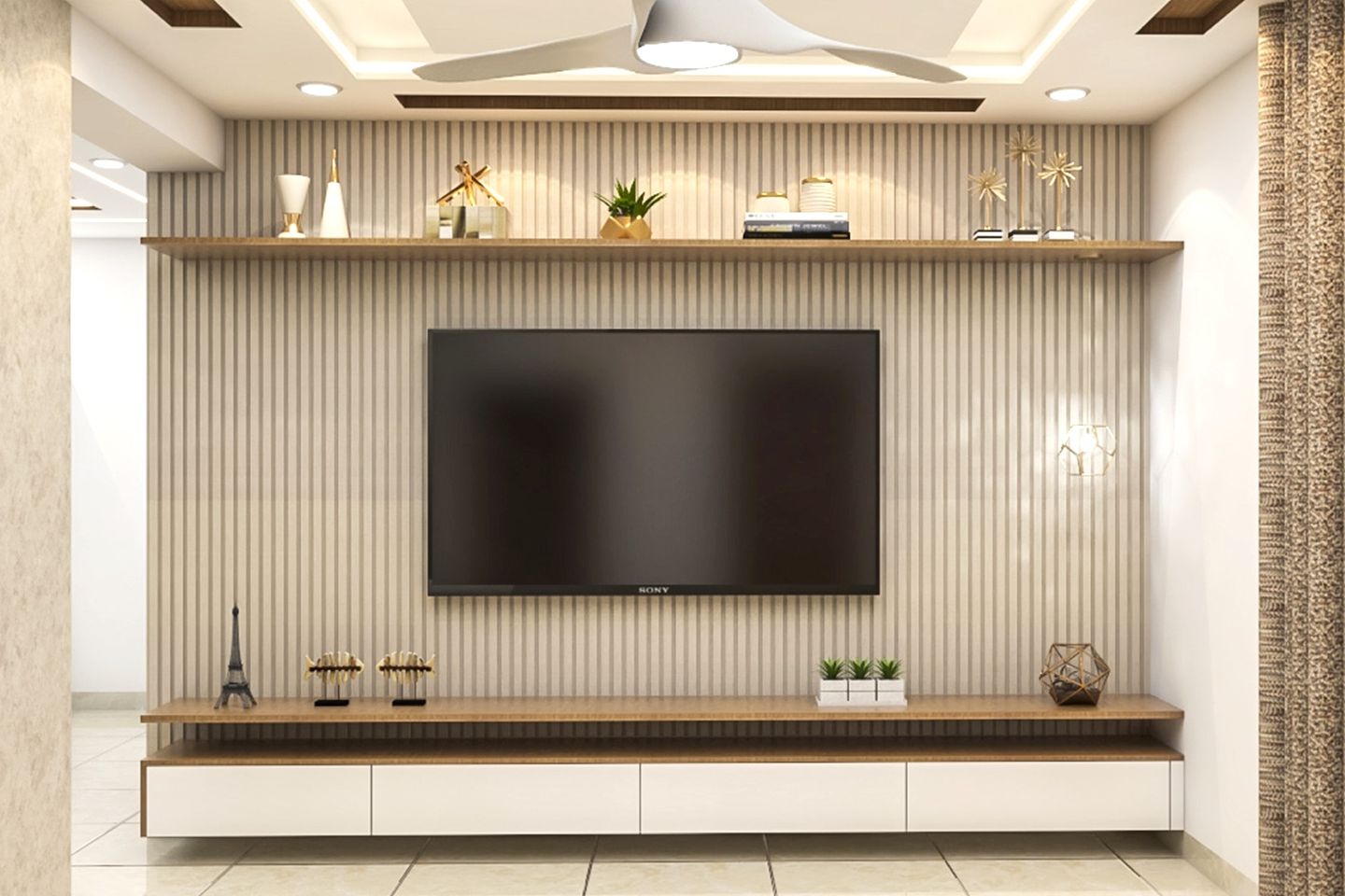 11x11 Ft Contemporary Persian Walnut and Frosty White TV Unit Design with Wall-Mounted Cabinet - Livspace