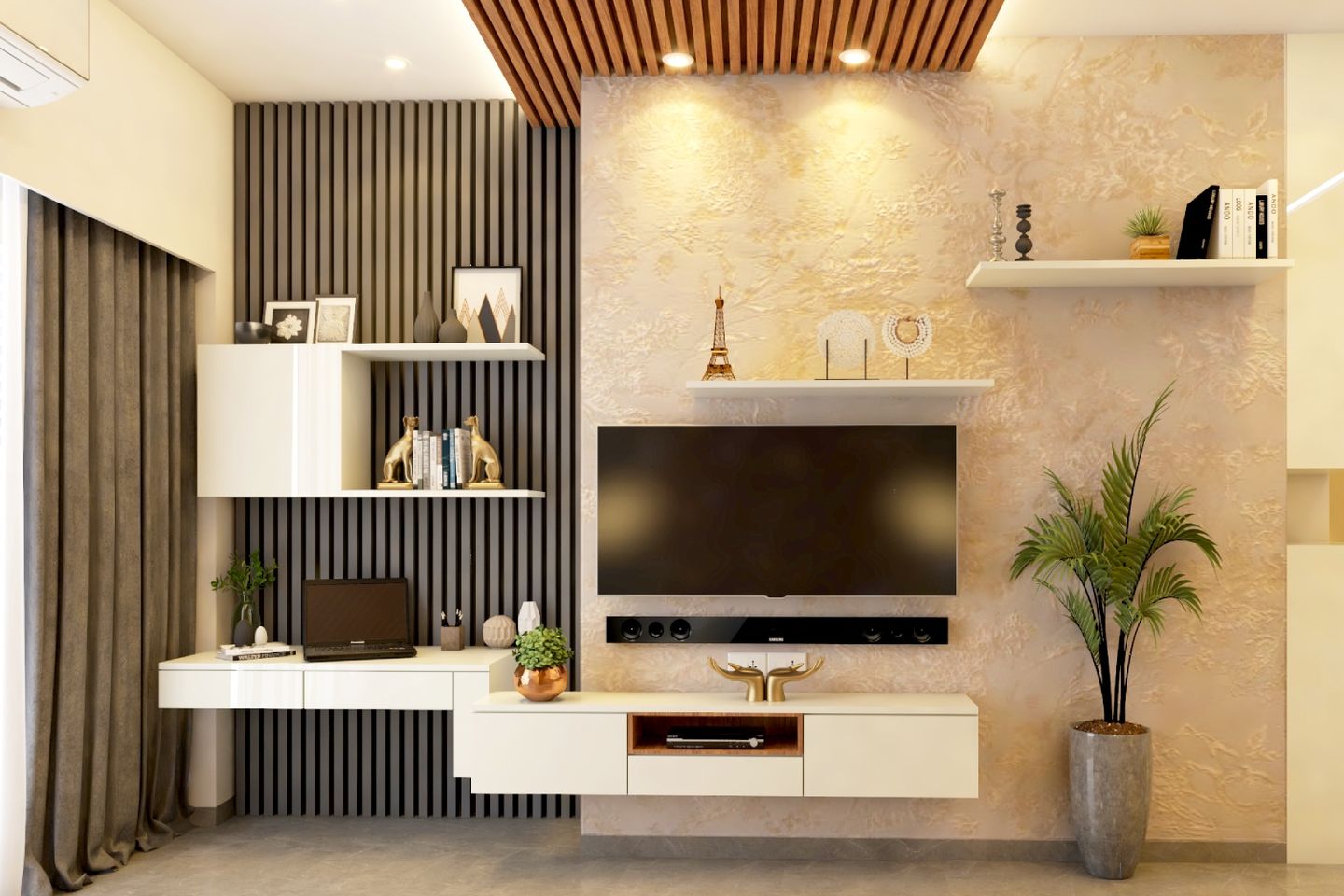 12x11 Ft Contemporary Frosty White TV Unit Design with Wall-Mounted Cabinet and Open Rack - Livspace