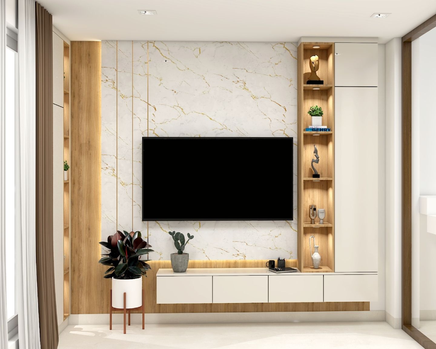 10x10 Ft Contemporary Frosty White TV Unit Design with Glossy Finish and Tahiti Samoa Teak Accents - Livspace