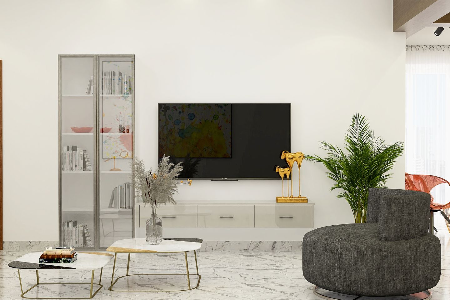 12x11 Ft TV Unit DesigN With Floating Console And Storage Cabinet - Livspace
