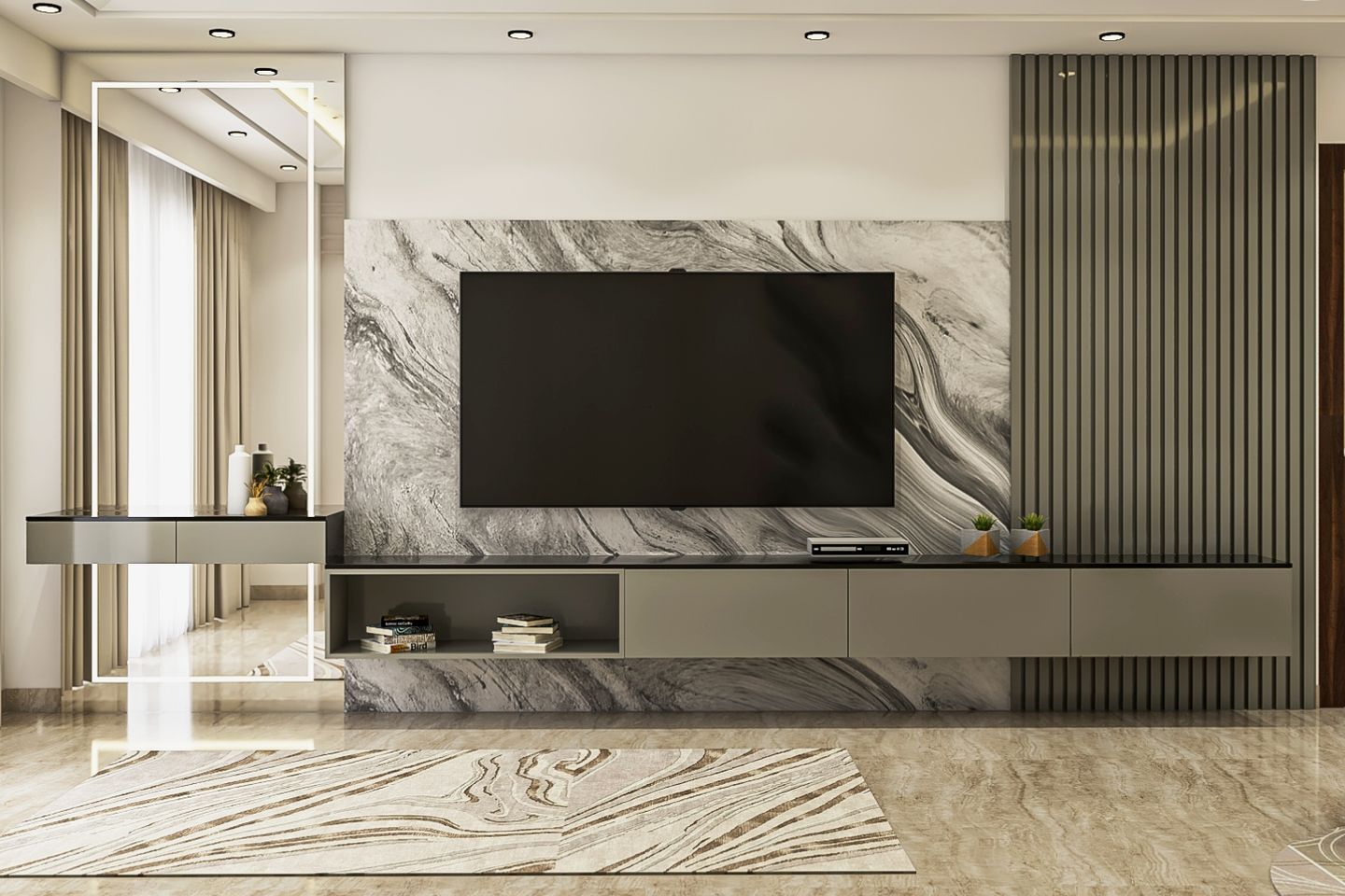 14x12 Ft Contemporary Dove Grey TV Unit Design with Wall-Mounted Cabinet and Open Storage - Livspace