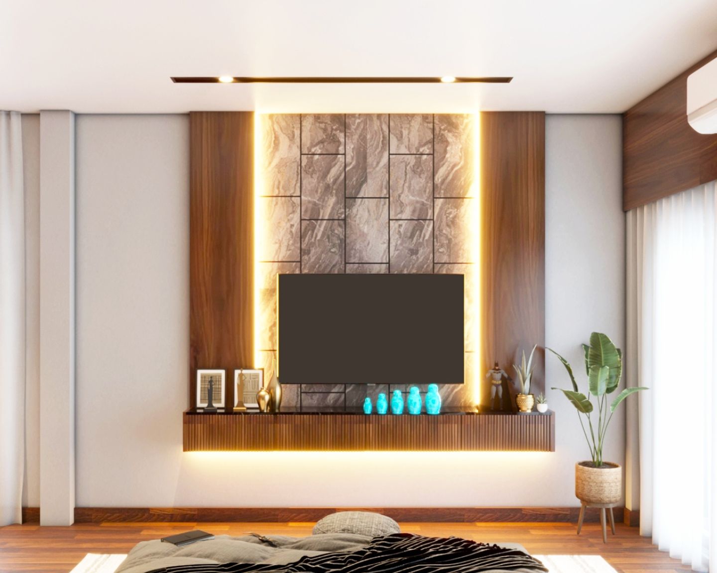 12x11 Ft Contemporary Persian Walnut TV Unit Design with Marble Tile Wall and Drawer Storage - Livspace