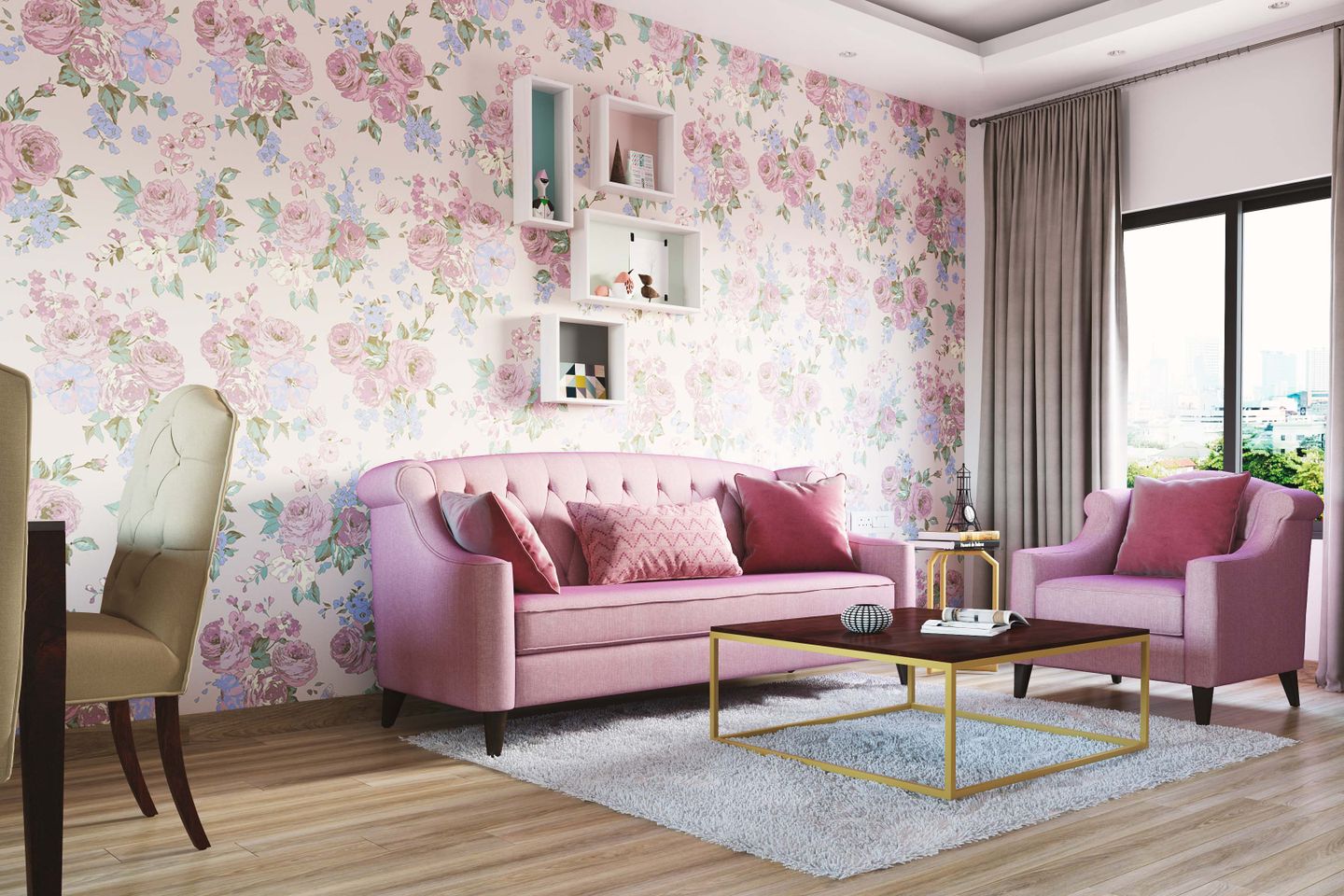 Living Room Pink Floral Wallpaper Design - Livspace