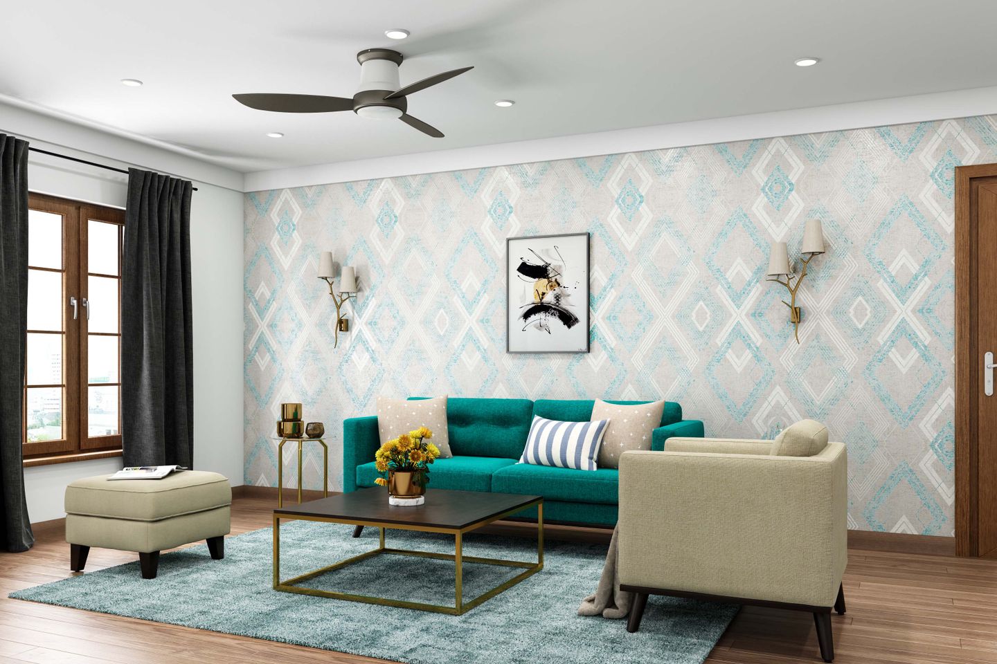 Diamond-Patterned Modern Wallpaper Design For Living Rooms - Livspace