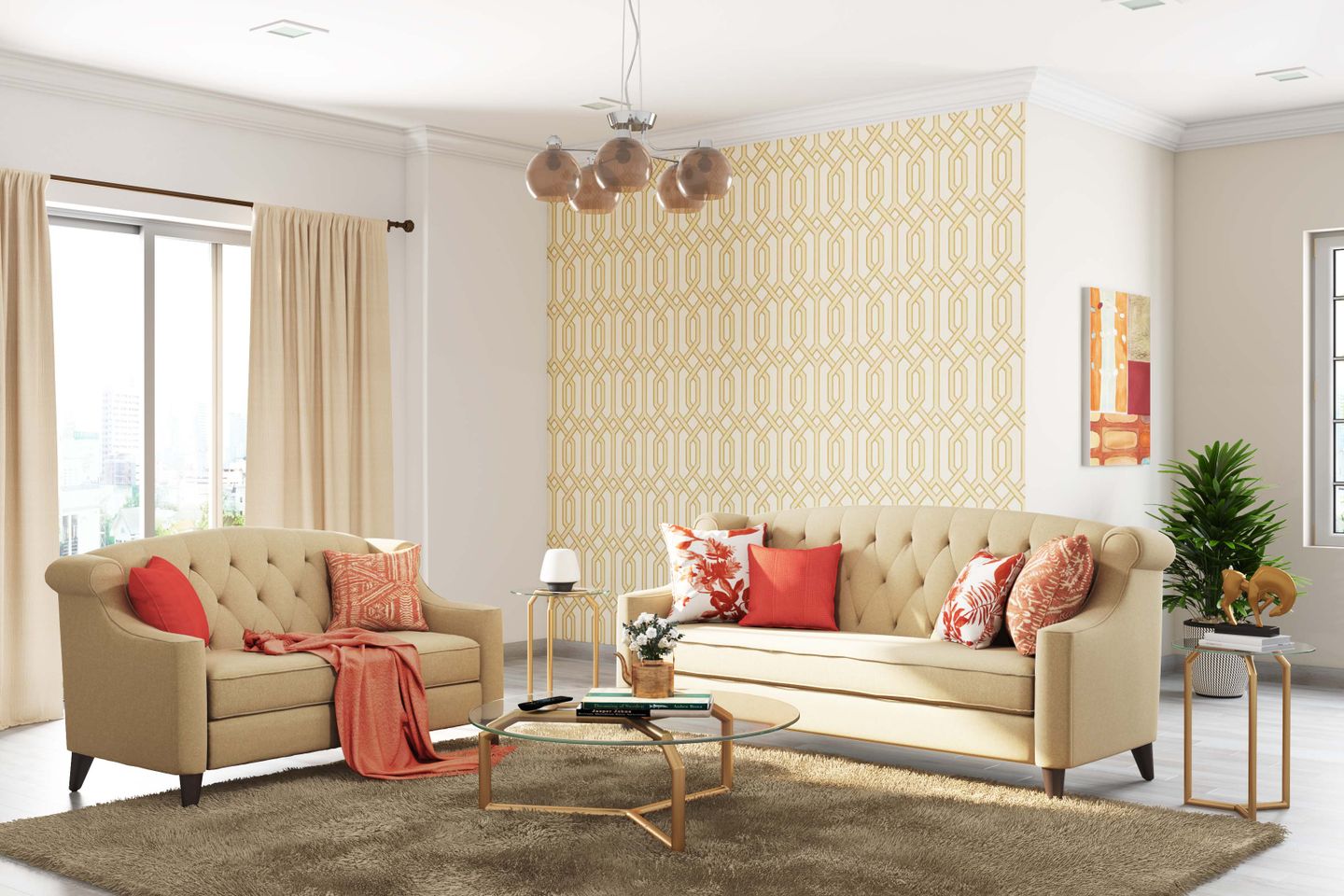 Living Room Wallpaper Design In Beige And White - Livspace