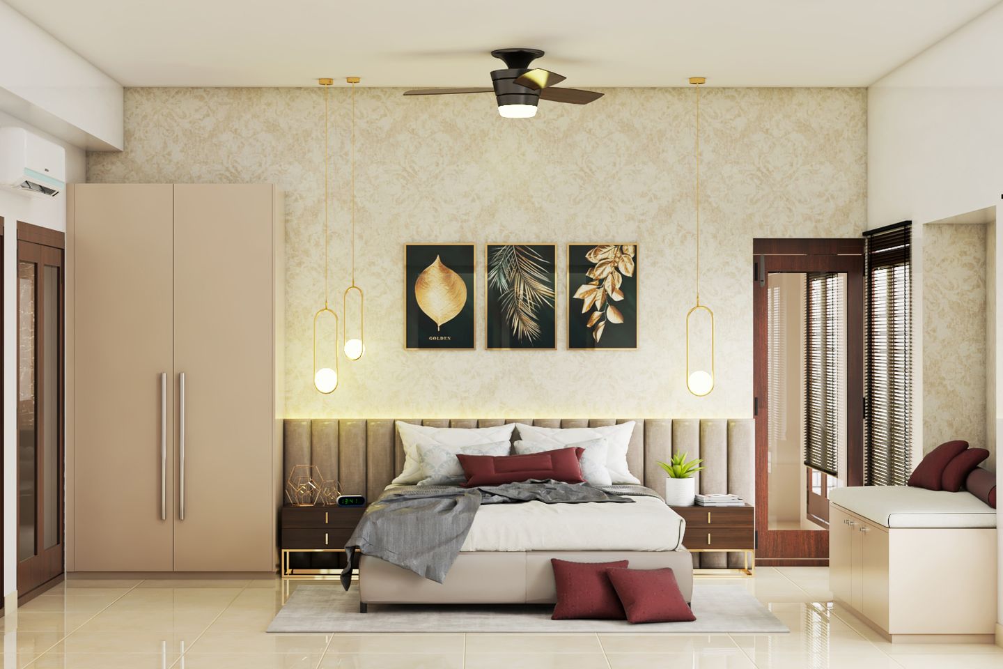 Damask Bedroom Wallpaper Design In Beige And Off-White - Livspace
