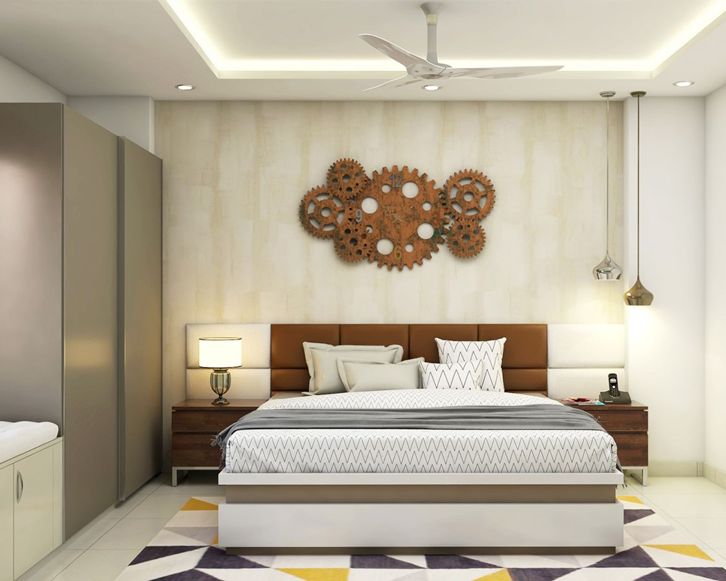 Beige And White Patterned Wallpaper Design For Bedroom | Livspace