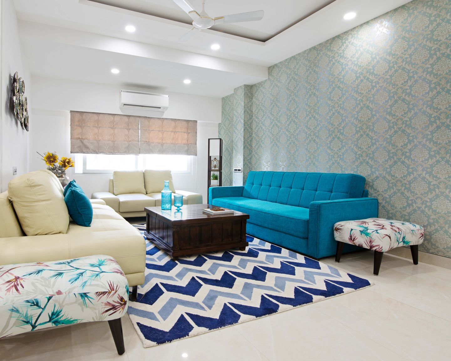 Art Deco Grey And Beige Living Room Wallpaper Design - Livspace