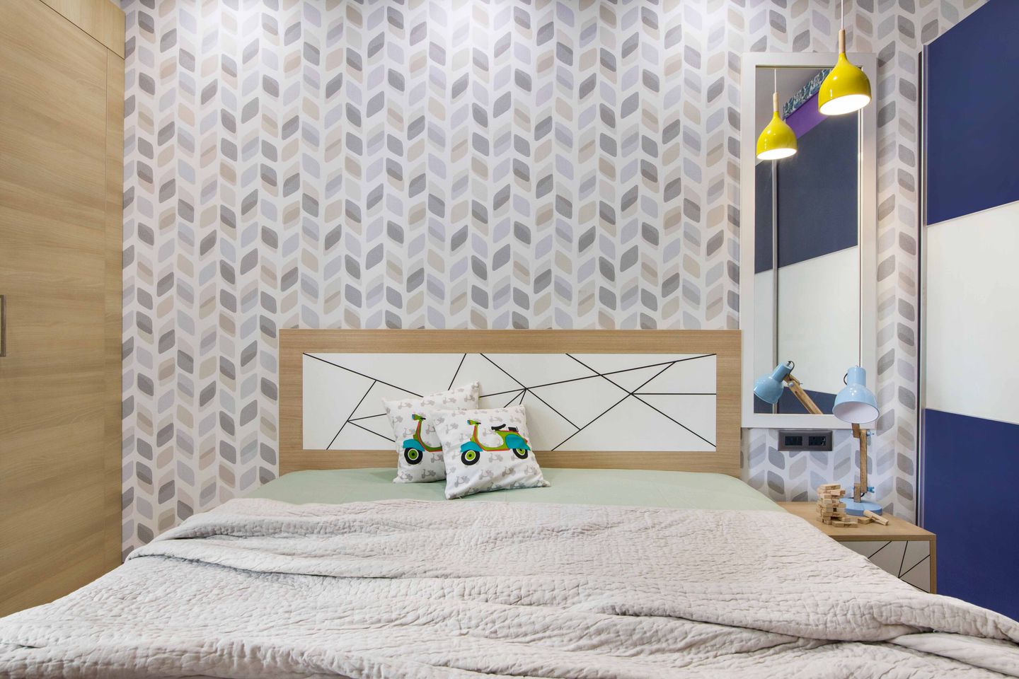 Multicoloured Patterened Bedroom Wallpaper Design | Livspace