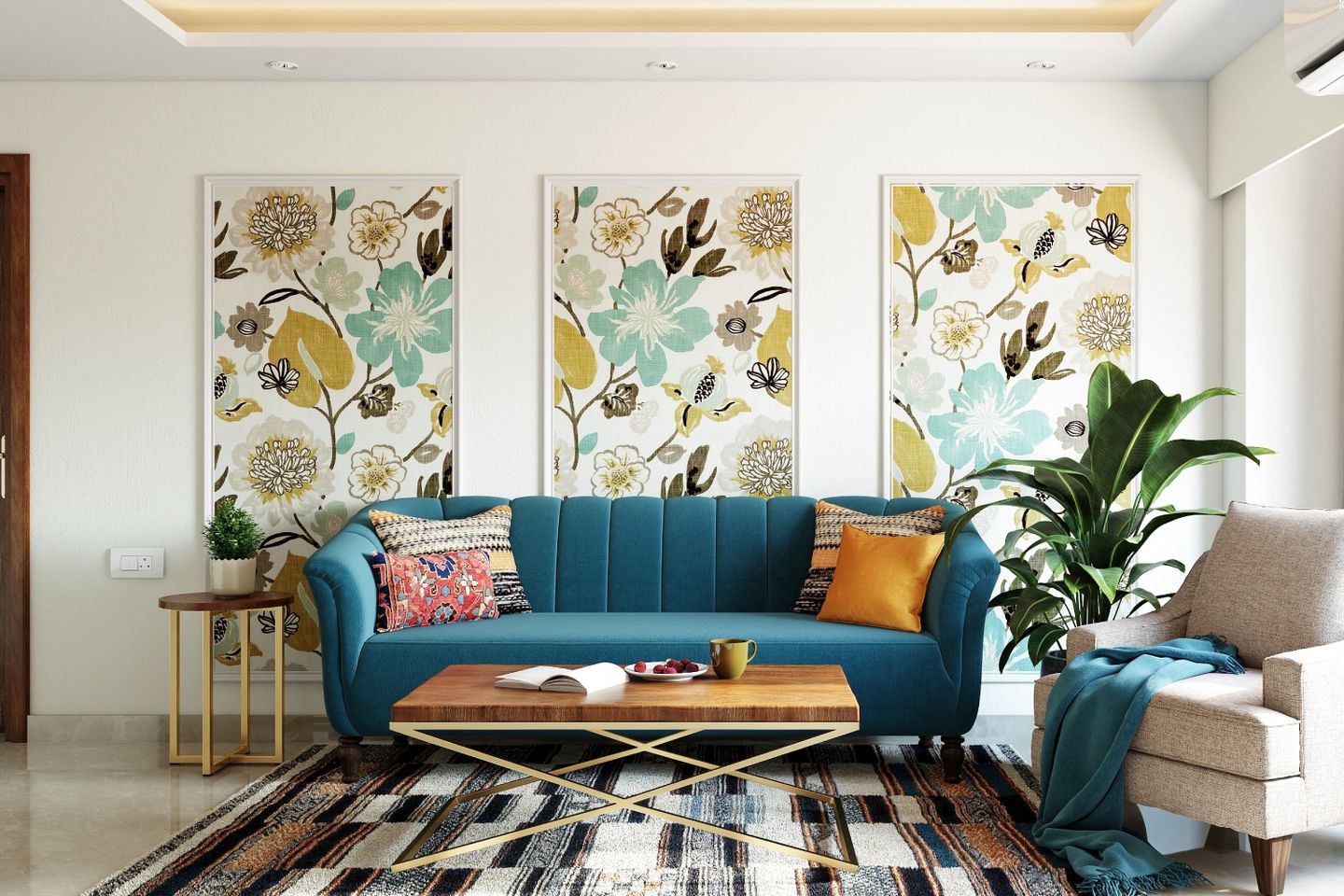 Floral Multicoloured Living Room Wallpaper Design - Livspace